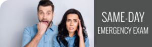 A boy and a girl with shocked expressions beside text that reads "Same-Day Emergency Exam"